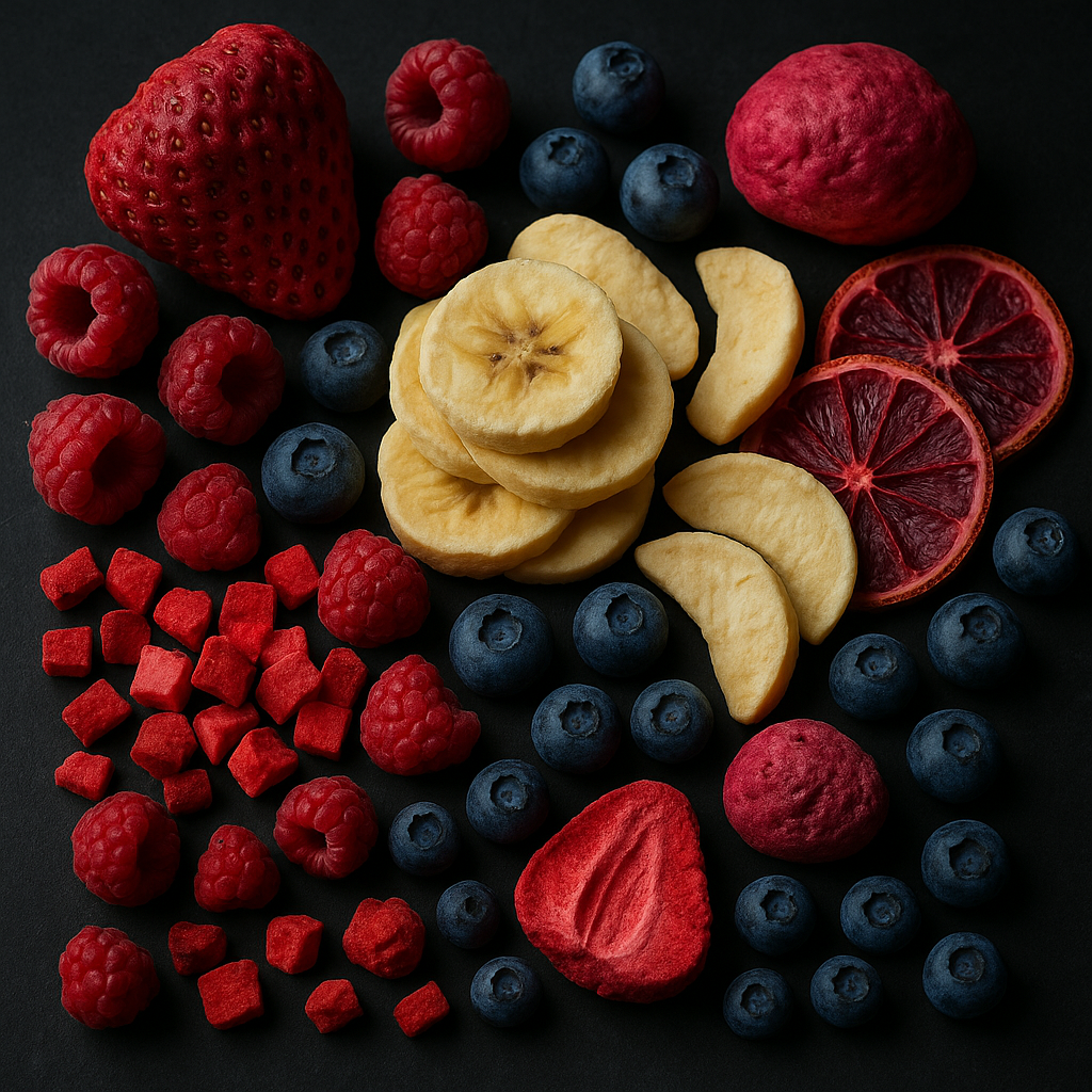 Talerz z liofilizowanymi owocami i proszkami